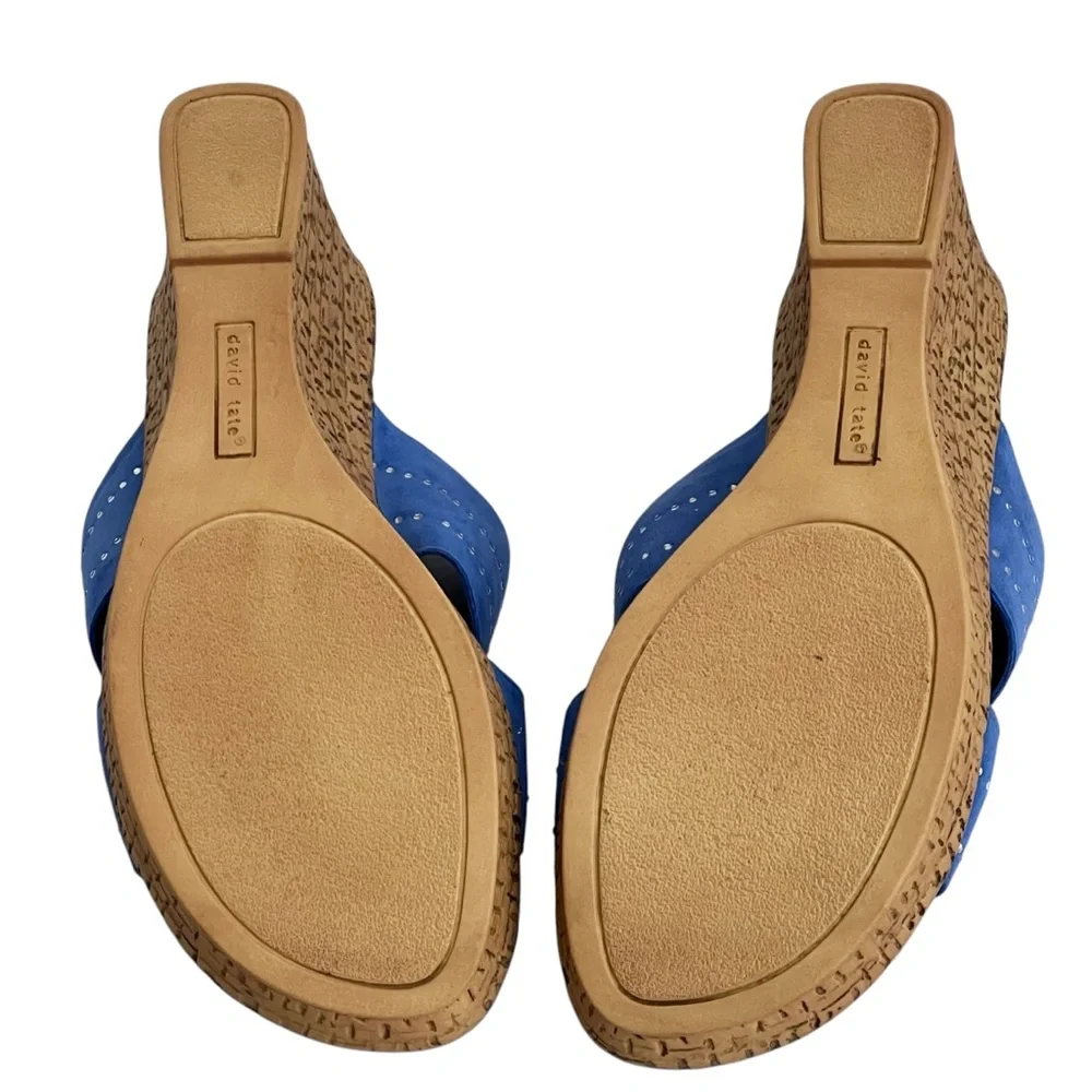 David Tate Wedge Open Toe Slip On‎ Sandals Leather Upper Embedded Rhinestones